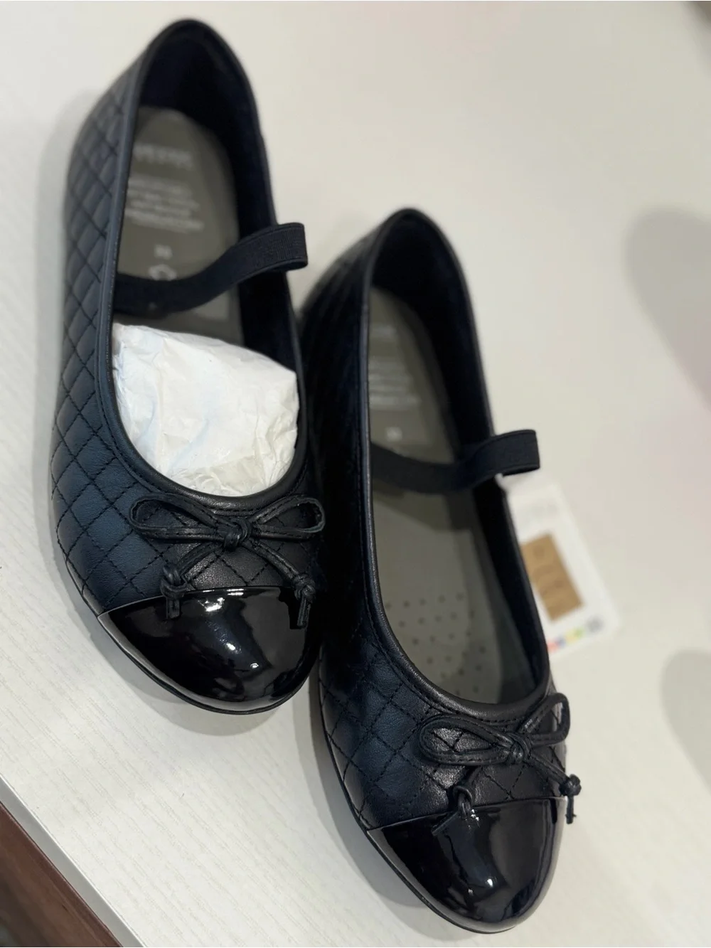 Geox Black Quilted Mary Jane Ballet Flats with Patent Toe